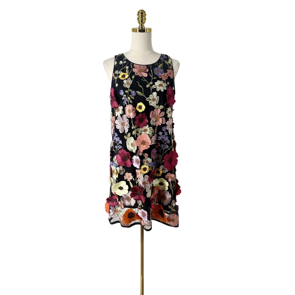 Womens Dark Fairy Floral Embroidered 3D‎ Applique Mesh Shift Dress S Whimsical